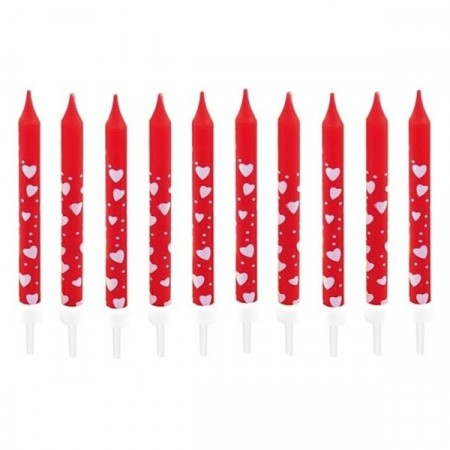 RØDE KAKELYS MED HJERTER (10-pk)