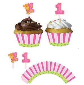 ROSA CUPCAKE WRAPPERS MED 1-ÅRS PYNT