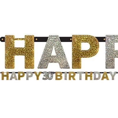 BLACK AND GOLD GLITTER HAPPY 30th BIRTHDAY BANNER